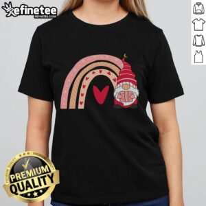 Cute Valentine gnome tee featuring a love heart design, perfect for ladies celebrating Valentine's Day.