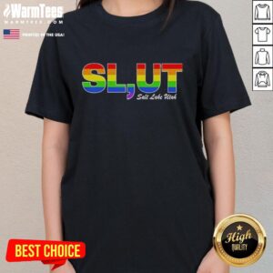 Awesome Slut Salt Lake Utah LGBT Pride Ladies Tee featuring vibrant colors and a bold design for pride celebrations.