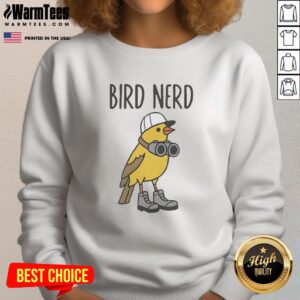 Alt Text: Top Brid nerd wearing shoes and binoculars sweatshirt, showcasing a stylish casual look with outdoor gear.
