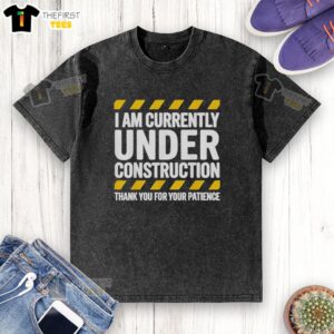 Alt Text: Top Under Construction Post Surgery Gag Get Well Soon Washed T-Shirt - humorous recovery apparel for post-surgery comfort.