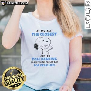Funny Peanuts Snoopy graphic tee with the quote about aging and shower bars, perfect for humor-loving ladies.