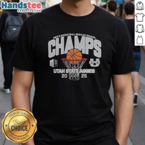 Utah State Aggies Men's Basketball 2025 Mountain West Champions T-Shirt featuring bold team graphics and winning design.
