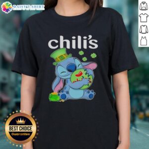 Alt Text: Cute Stitch hugging chilis on a Happy St. Patrick's Day ladies tee, perfect for festive celebrations.