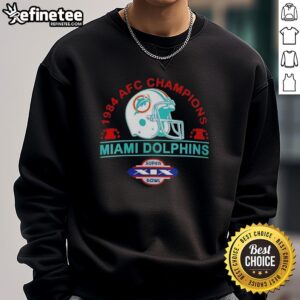 Retro sweatshirt featuring the 1984 Miami Dolphins AFC Champions helmet design, perfect for Super Bowl XIX fans.