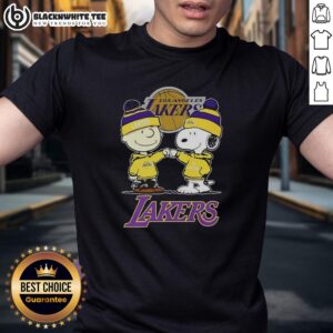 Nice Charlie Brown Touch Hand Snoopy X Los Angeles Lakers logo T-shirt featuring iconic cartoon characters and sports design.