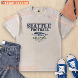 Alt Text: Awesome Seattle Seahawks Football Super Bowl Champions 2026 logo on a washed t-shirt, perfect for fans.