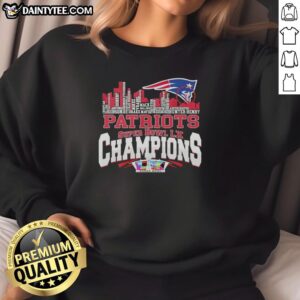 New England Patriots Super Bowl champions sweatshirt featuring city skyline and all player names in stylish design.