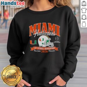 Alt Text: Miami Hurricanes CFP National Championship 2026 helmet and sweatshirt displayed together, showcasing team spirit and style.