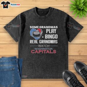 Premium washed t-shirt featuring grandmas playing bingo and supporting Washington Capitals, perfect for hockey fans.