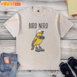 Top Brid nerd wearing stylish shoes and binoculars on a washed t-shirt, ready for an outdoor adventure.
