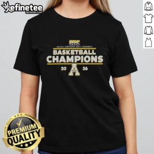 Alt Text: Official Appalachian State Mountaineers Sun Belt Conference Men's Tournament Basketball Champions 2026 Ladies Tee.