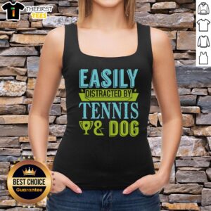 Funny easily distracted by tennis dog tank top featuring a playful dog focused on a tennis ball.