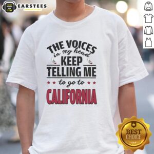Funny 'The Voices In My Head Keep Telling Me To Go To California' T-Shirt design featuring playful typography and vibrant colors.