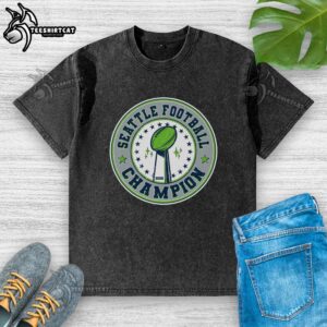 Alt Text: Good Seattle Football Champion 2026 emblem on a washed t-shirt, perfect for fans of Seattle football gear.