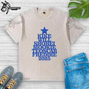 Premium Los Angeles Dodgers Kike, Shohei, Mookie, Teoscar, Freddie 2025 Name Player Washed T-Shirt displayed on a hanger.