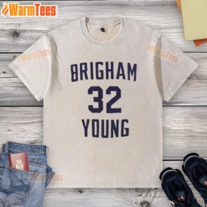 Alt Text: Top Jimmer Fredette Brigham Young 32 washed t-shirt showcasing vintage style and team spirit for BYU fans.