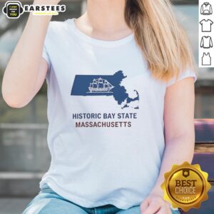 Historic Bay State Massachusetts map design on a ladies tee, perfect for state pride and vintage style enthusiasts.