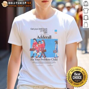 Child wearing 'Get Your Child Back On Track With Azu Adderall' T-shirt, promoting focus and support for ADHD.