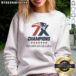 Official New England Patriots 7x Super Bowl Champions logo sweatshirt featuring team colors and championship design.