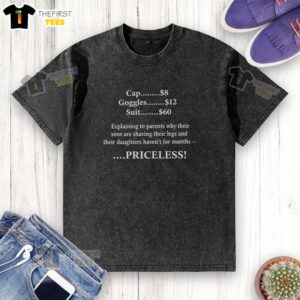 Alt Text: Official Priceless Explanation cap, goggles, and suit on a washed t-shirt, showcasing unique fashion design and style.