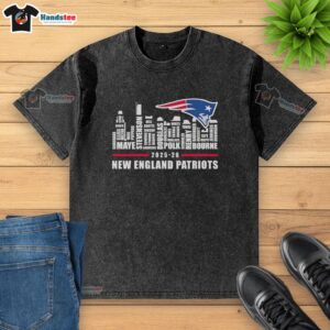 2025-26 New England Patriots football washed t-shirt featuring city skyline design, perfect for fans and collectors.