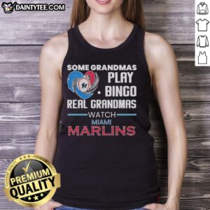 Grandma wearing a diamond heart shape tank top at a Miami Marlins game, showcasing fun and style.