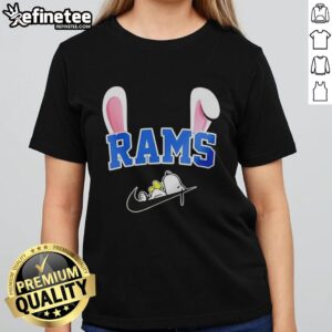 Los Angeles Rams X Snoopy Happy Easter Ladies Tee featuring colorful graphics for fans celebrating Easter.