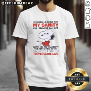 Funny Snoopy t-shirt featuring 'I've been looking for my sanity' quote and matching socks design, perfect for casual wear.