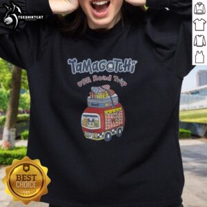 Premium Tamagotchi USA Road Trip Sweatshirt featuring vibrant graphics, perfect for nostalgic fans and cozy outings.