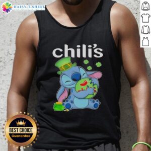 Alt Text: Cute Stitch hugging chilis on a Happy St. Patrick's Day tank top, perfect for festive celebrations and fun outfits.