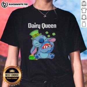 Happy St. Patrick's Day Ladies Tee featuring Top Stitch Hug and Dairy Queen logo in festive green design.