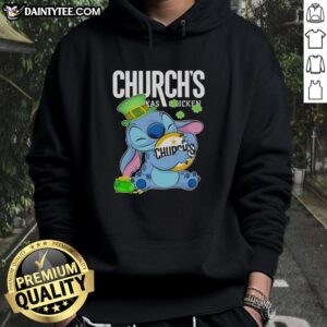 Nice Stitch Hug Church's Chicken Logo Happy St. Patrick's Day Hoodie featuring vibrant design and festive colors.