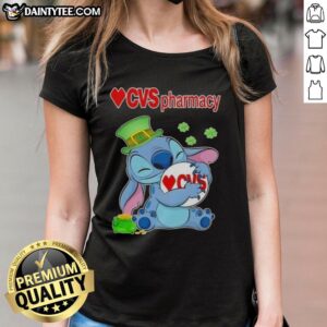 Pretty Stitch St. Patrick's Day Hug CVS Pharmacy Logo Ladies Tee showcasing festive design and vibrant colors.