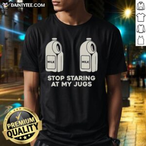 Top Two Milk 'Stop Staring At My Jugs' T-Shirt featuring a humorous graphic design, perfect for casual wear.