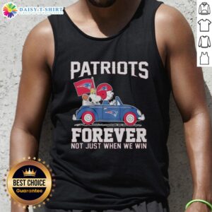 Alt Text: Snoopy and Woodstock driving in a tank top celebrating New England Patriots Forever, perfect for fans.