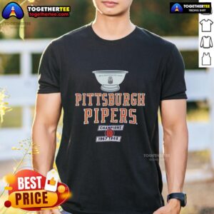 Good Pittsburgh Pipers 1967-68 ABA Champions trophy t-shirt showcasing vintage sports memorabilia from basketball history.