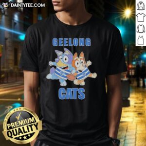 Bluey Bingo Geelong Cats football fans wearing rugby outfits t-shirt, showcasing team spirit and vibrant colors.