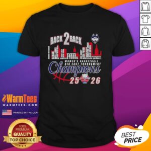 Hot UConn Huskies Big East Women's Basketball Champions 2026 Back-to-Back Player Skyline T-Shirt design.