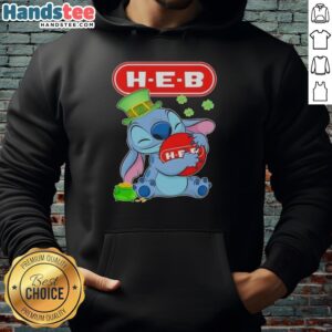 Cute Stitch hugging H-E-B logo on a St. Patrick's Day hoodie, perfect for festive celebrations and cozy wear.