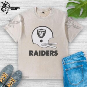 Alt Text: Hot Las Vegas Raiders football logo on a big helmet design featured on a washed t-shirt for fans.
