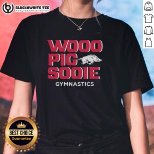 Women's Arkansas Razorbacks gymnastics tee featuring 'Woo Pig Sooie' design for fans and athletes.