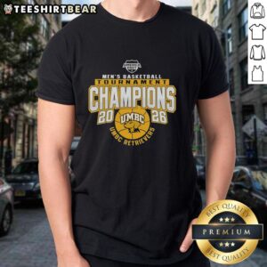 2026 UMBC Retrievers Men's Basketball Tournament Champions T-Shirt featuring team logo and championship colors.