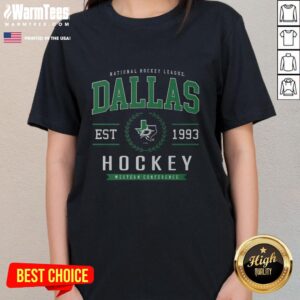 Ladies' tee featuring the Nice Dallas Stars Hockey Legacy Crest, perfect for fans of the NHL team.