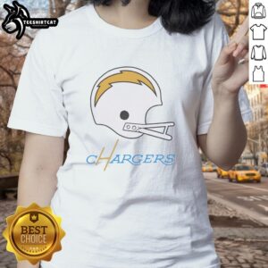 Hot Los Angeles Chargers football logo on a big helmet featured on a stylish ladies tee shirt.