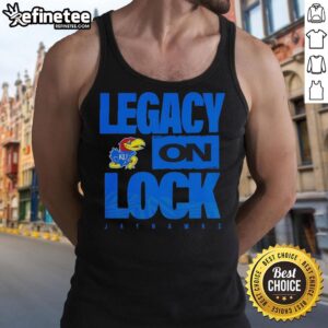 Alt Text: Premium Kansas Jayhawks NCAA 2026 Legacy On Lock On Mascot Tank Top featuring vibrant team colors and logo.