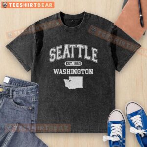 Premium Seattle Washington Est 1853 Varsity Washed T-Shirt in soft fabric, perfect for casual wear in Seattle.