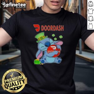 Alt Text: Cute Stitch hugging Doordash logo on a St. Patrick's Day t-shirt, perfect festive apparel for food delivery fans.