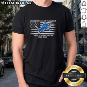 Official USA 250th Anniversary 1776-2026 Detroit Lions T-shirt featuring US flag design, perfect for patriotic fans.