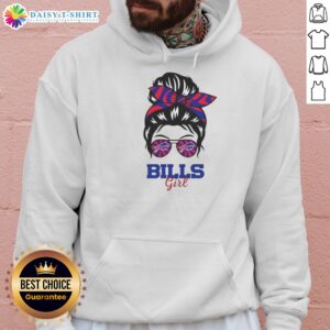 Buffalo Bills girl with a messy bun and glasses wearing a hoodie, showcasing team spirit in a casual, stylish look.