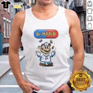 Pretty Dr. Mario juggling pills while wearing a colorful tank top, showcasing a fun gaming-inspired outfit.
